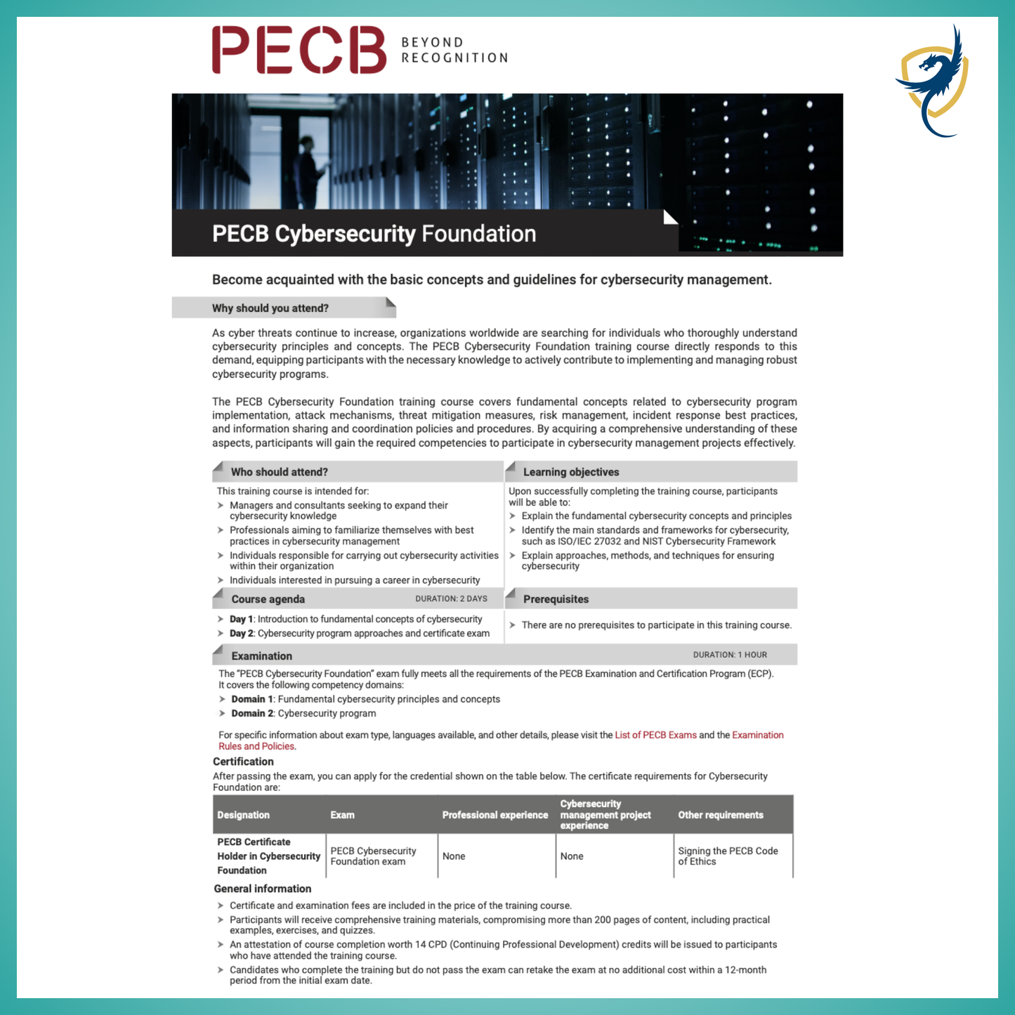 Cybersecurity Foundation (including PECB Certification)